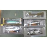 Five 1 1/18th scale model vehicles, boxed, all Mercedes including one Maisto
