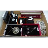 A collection of silver and silver mounted jewellery including mother of pearl