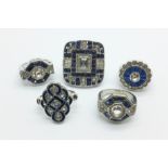Five Art Deco style dress rings, J and 4 x L