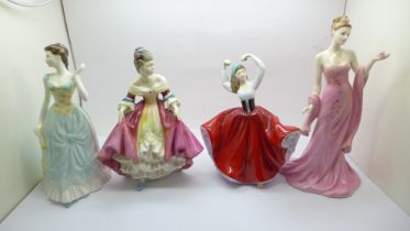Three Royal Doulton figures, (one a/f, Southern Belle) and a Coalport figure