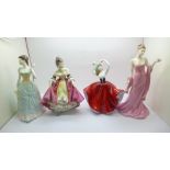 Three Royal Doulton figures, (one a/f, Southern Belle) and a Coalport figure