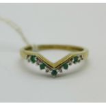 A 9ct gold, emerald and diamond wishbone ring, 1.7g, Q