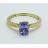 A 9ct gold blue zircon solitaire ring, 1.7g, N