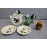 A Royal Doulton Pekinese, Sylvac dog, Bourne Denby rabbit, a pair of Siamese cat dishes and a