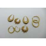 Four pairs of 9ct gold earrings, 9.1g, one pair a/f