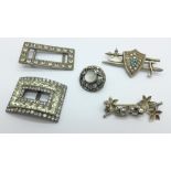 Two Victorian/Georgian buckles, a silver moonstone brooch and two other brooches, 31g