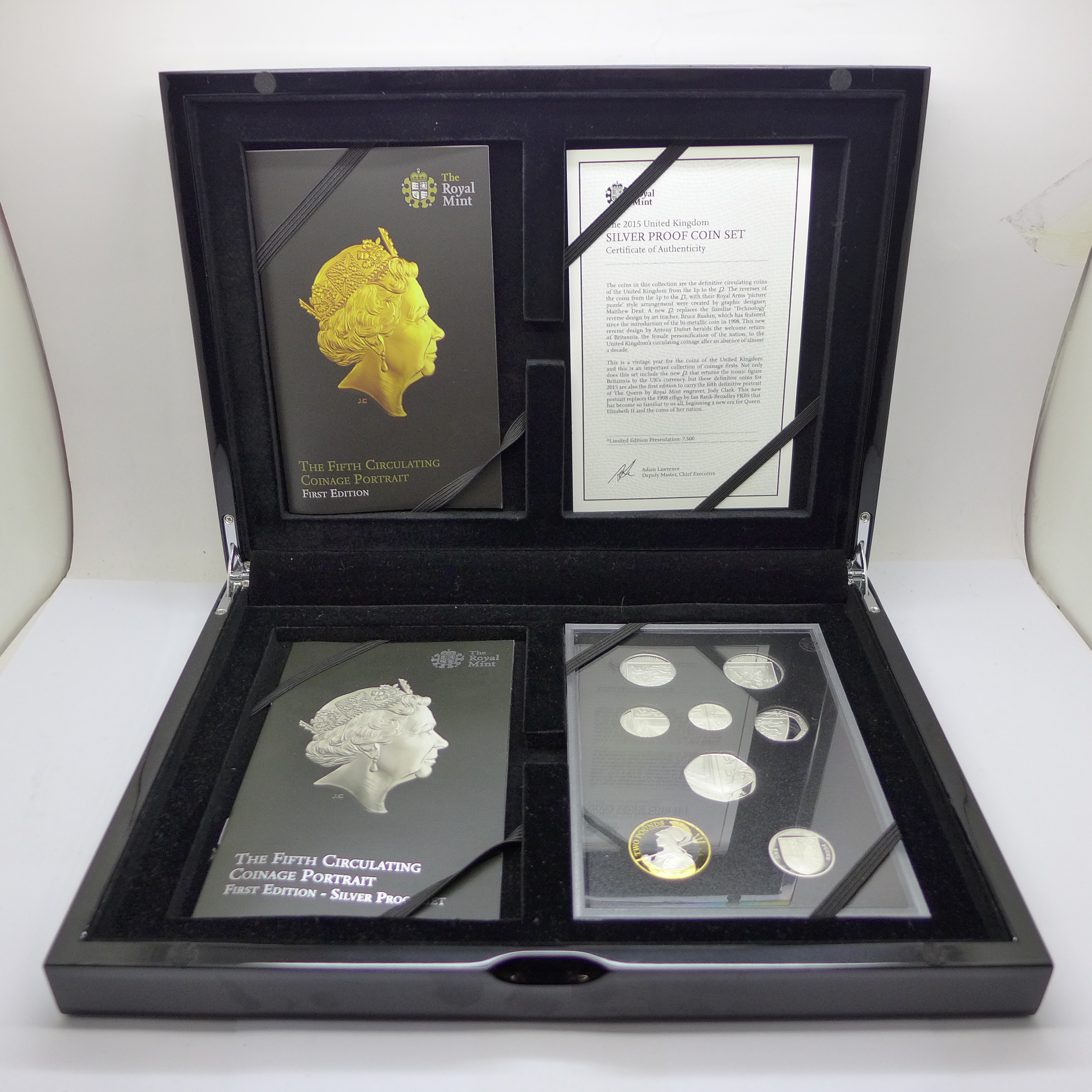 A 2015 silver proof coin set, the fifth circulation coinage portrait, first edition set, boxed