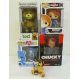 Five collectable toys including Pop! Movies, Ted and Chucky by Mezco