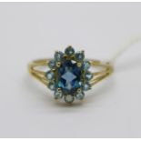 A 9ct gold and blue stone cluster ring, 1.8g, P