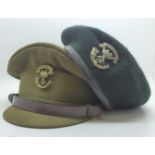 Two military hats, beret and peaked cap