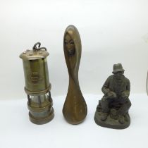 A small Hockley miners lamp, resin figure and a bronzed figure of a stylised girl, after Giovanni