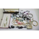 Costume and fashion jewellery including a silver brooch and a white stone set silver bracelet,