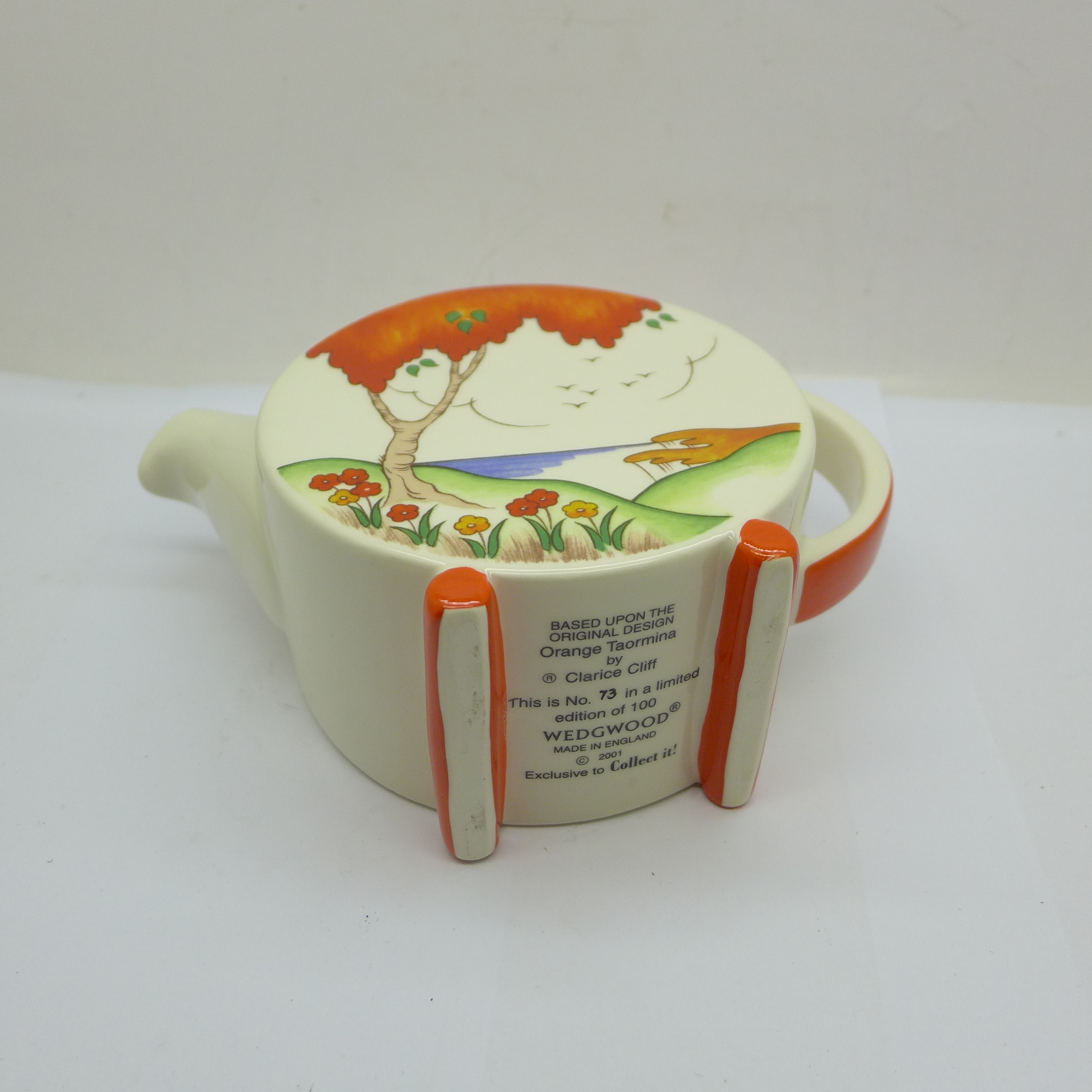 A Wedgwood limited edition Clarice Cliff teapot in the Orange Taormina design, number 73 of 100, H: - Image 3 of 3