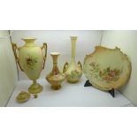 Three Royal Worcester blush ivory vases and a plate, lid a/f