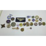 A collection of badges and pins, including military and one silver