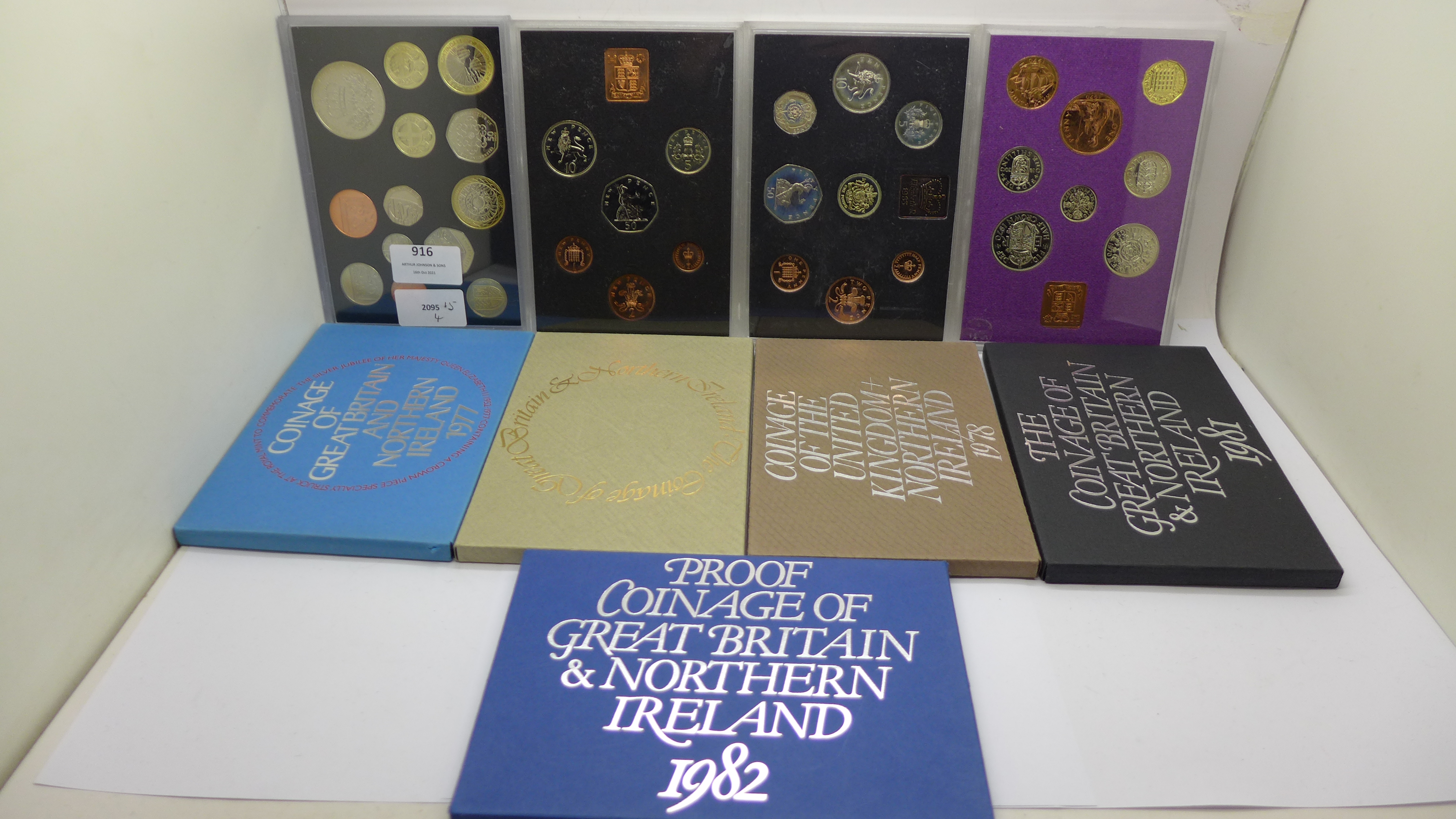 Nine Great Britain proof coin sets, 1970-2010