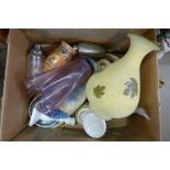 A box of Spanish and other tourist pottery and stoneware, two glass vases, Malayan vase, parrot