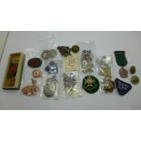 A collection of badges, Robertson's Jam, military, Red Cross, etc.