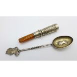 A silver and amber cheroot holder and an 1896 silver teaspoon