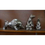 Three pottery and chrome finish animals; two bears and a bull