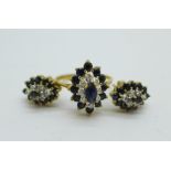 A 9ct gold, sapphire and diamond ring, O, and matching earrings, 4.3g total weight