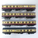 Four Mainline OO gauge maroon and cream coaches