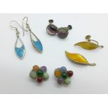 A pair of Norwegian silver and enamel earrings, one a/f, Blue John, agate, and enamel earrings