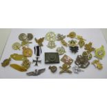 A collection of cap badges and medallions including reproduction