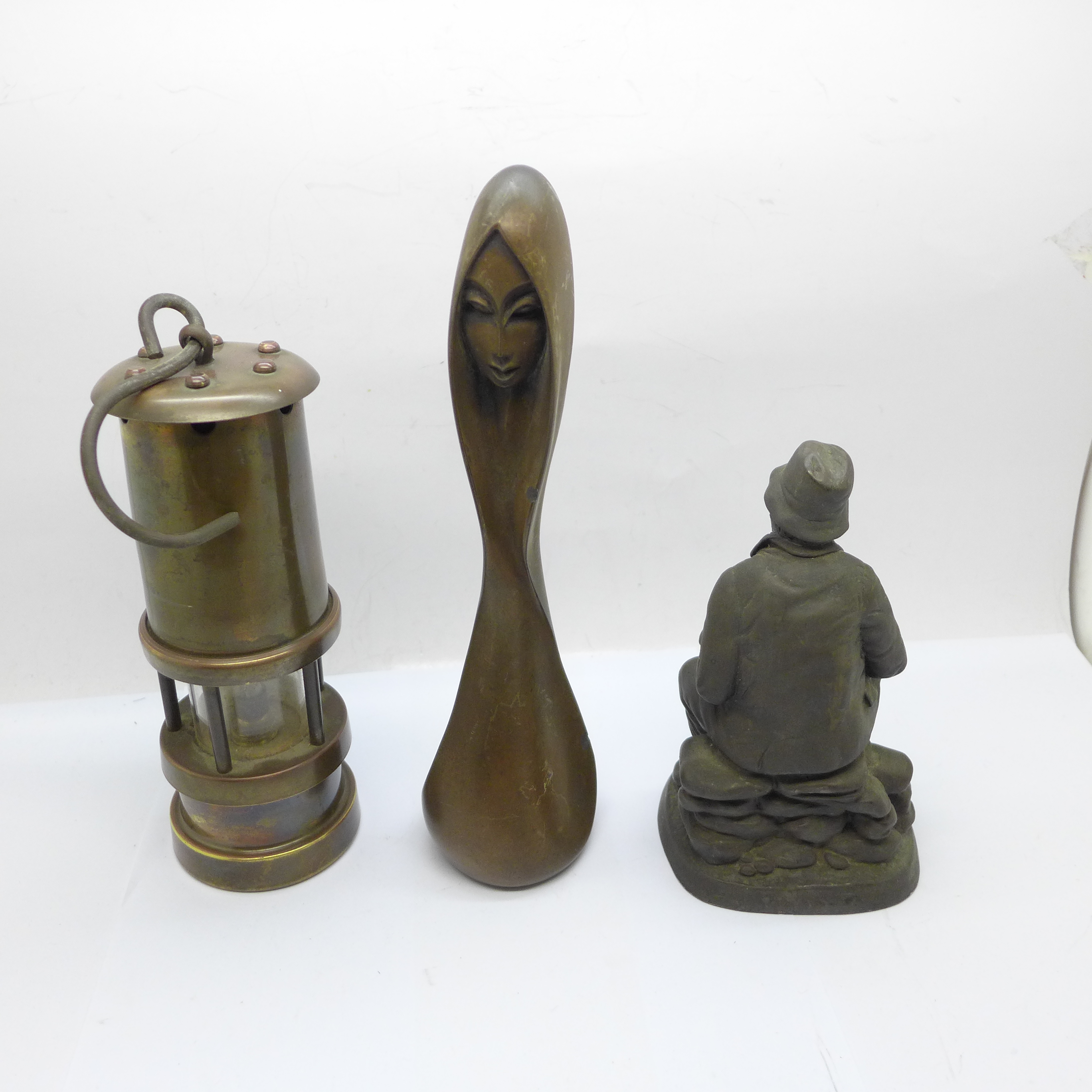 A small Hockley miners lamp, resin figure and a bronzed figure of a stylised girl, after Giovanni - Image 2 of 2