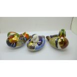 Three Royal Crown Derby paperweights; Mandarin Duck with gold stopper and original box, Carolina