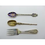A Tiffany silver fork, a silver and enamel spoon and an anointing spoon, 52g