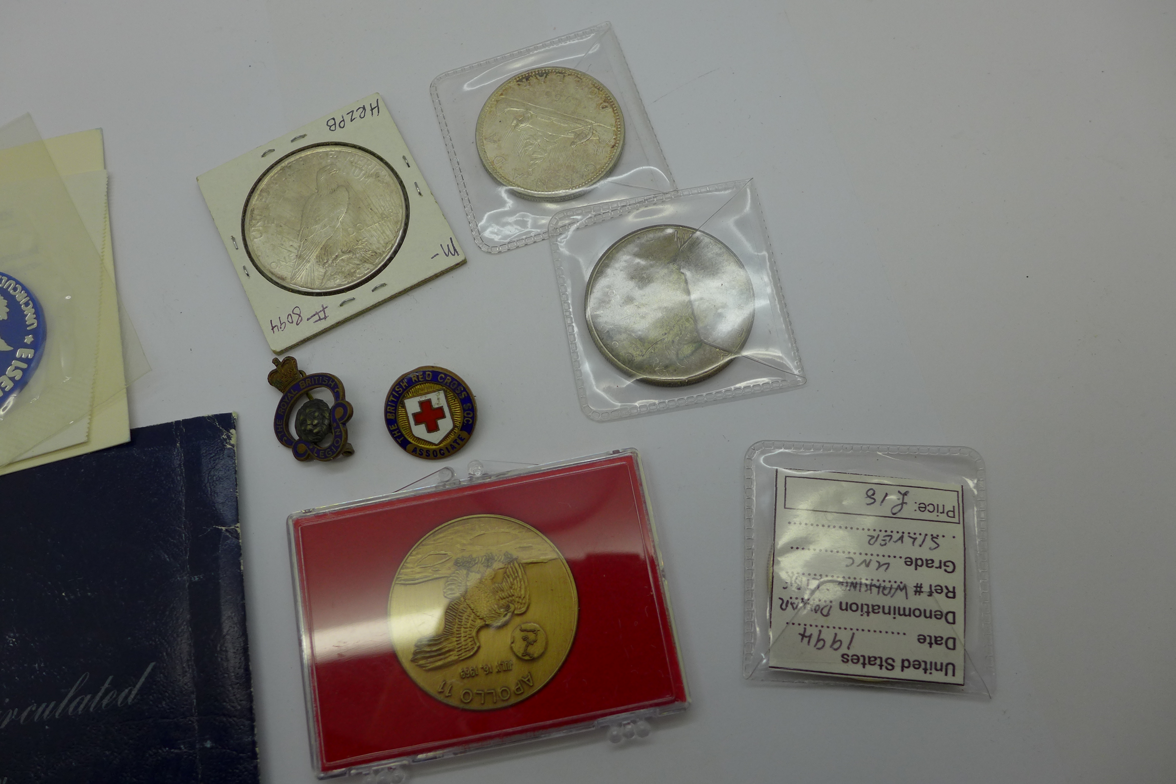 A collection of silver coins, silver dollars (5), a medallion and two enamel badges - Image 4 of 6