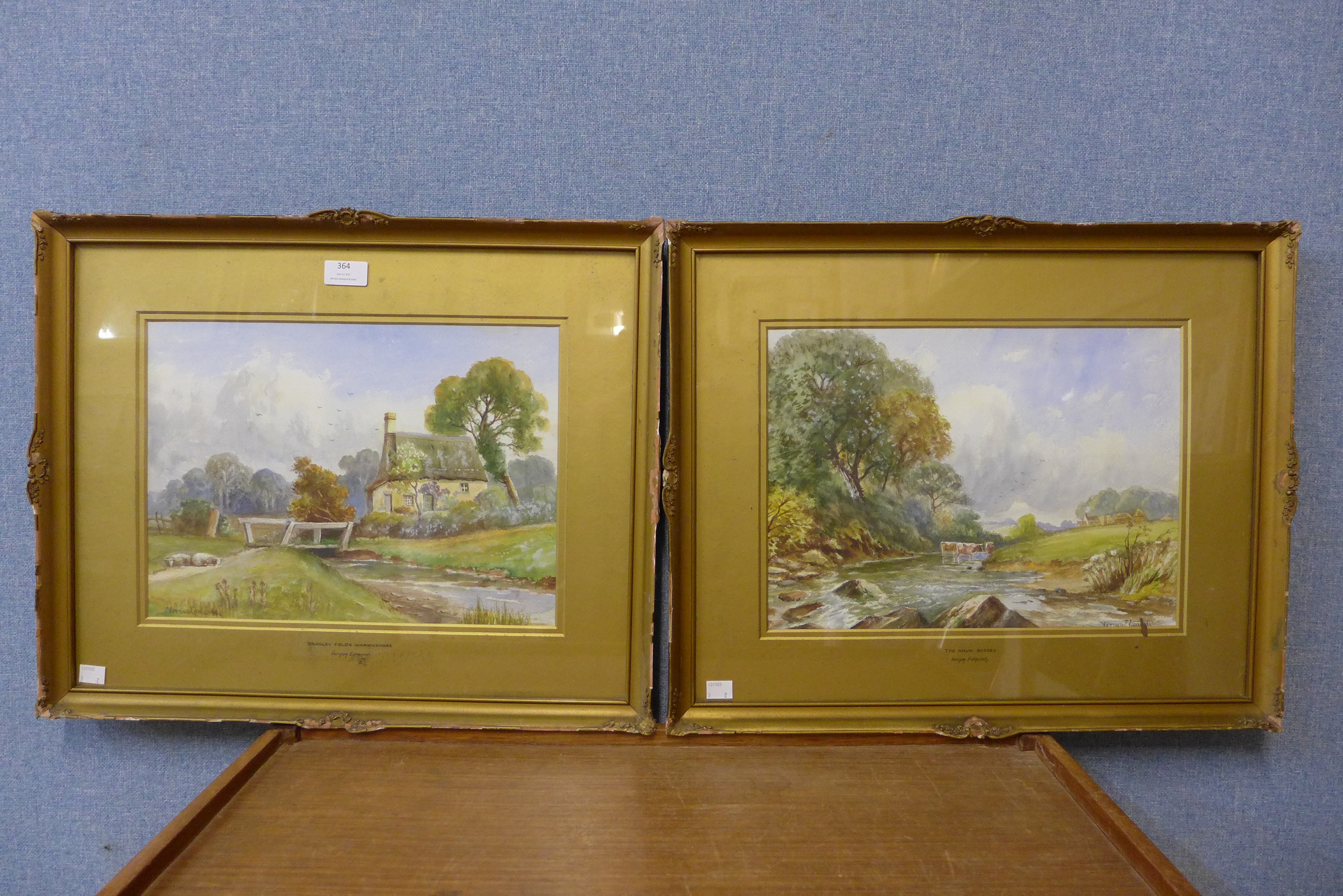 Vernon Edmunds, Yardley Fields, Warwickshire and The Arun, Sussex, watercolour, framed, exhibition