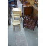 A light oak sewing table, a burr walnut pot cupboard, mahogany Canterbury and a child's chair