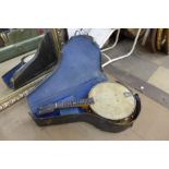 A cased banjo