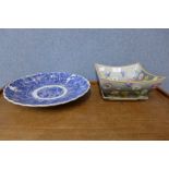 A Chinese blue and white porcelain dish and two others