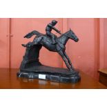 A bronze figure of a race horse and jockey, on black marble plinth