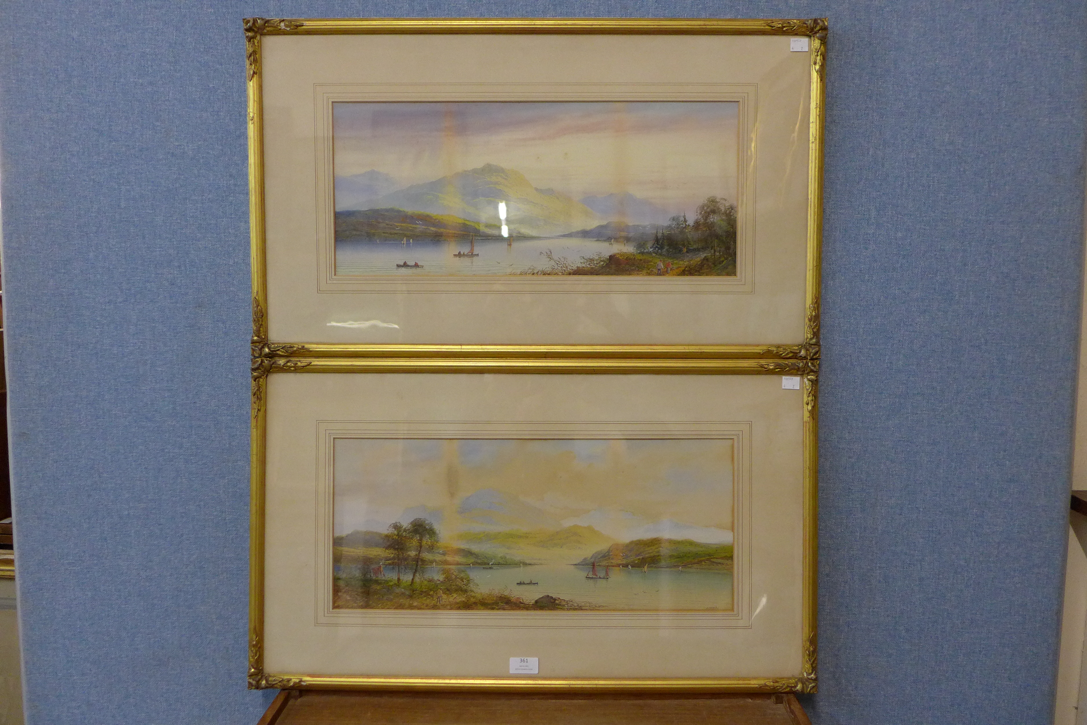 A. Lewis, pair of landscapes with boats on a lake, watercolour, framed