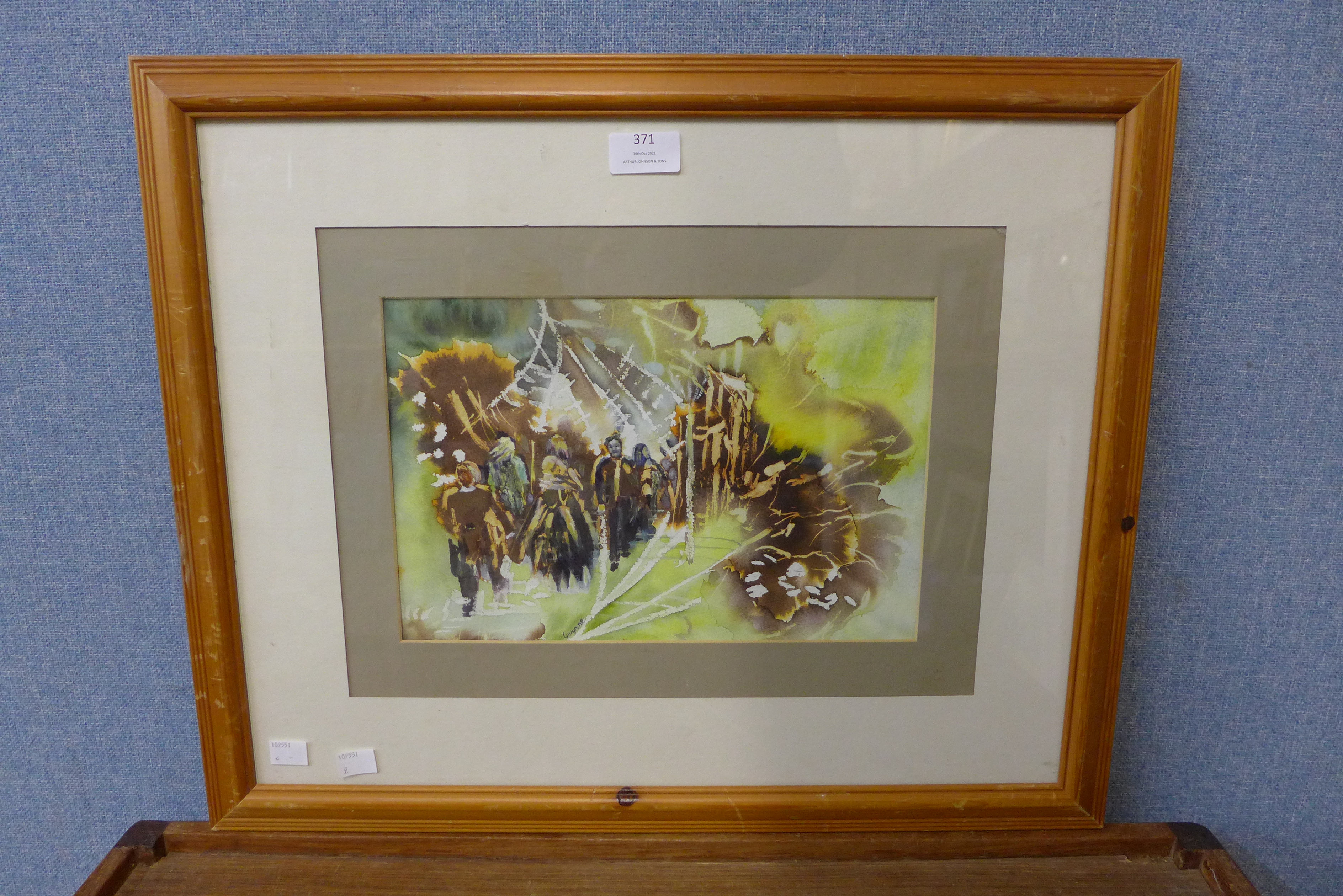 Gwyn Collett, abstract with figures, watercolour, framed