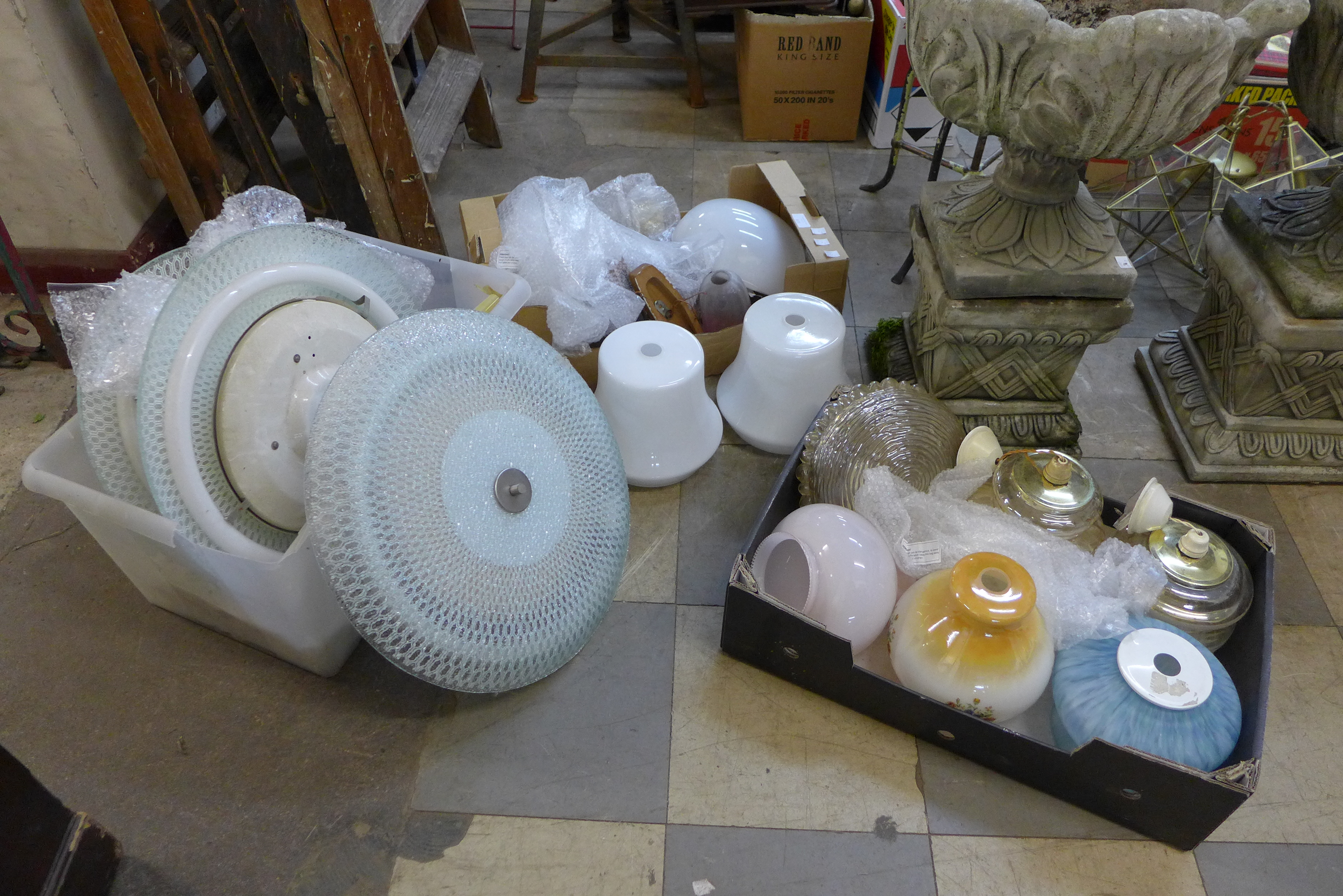 Assorted ceiling light shades, etc.