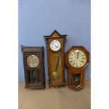 Two 19th Century walnut wall clocks and an Art Deco wall clock, a/f