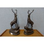 A pair of French style bronze stags, on black marble socles