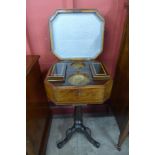 A George IV inlaid rosewood octagonal lady's sewing box, on associated mahogany tripod stand