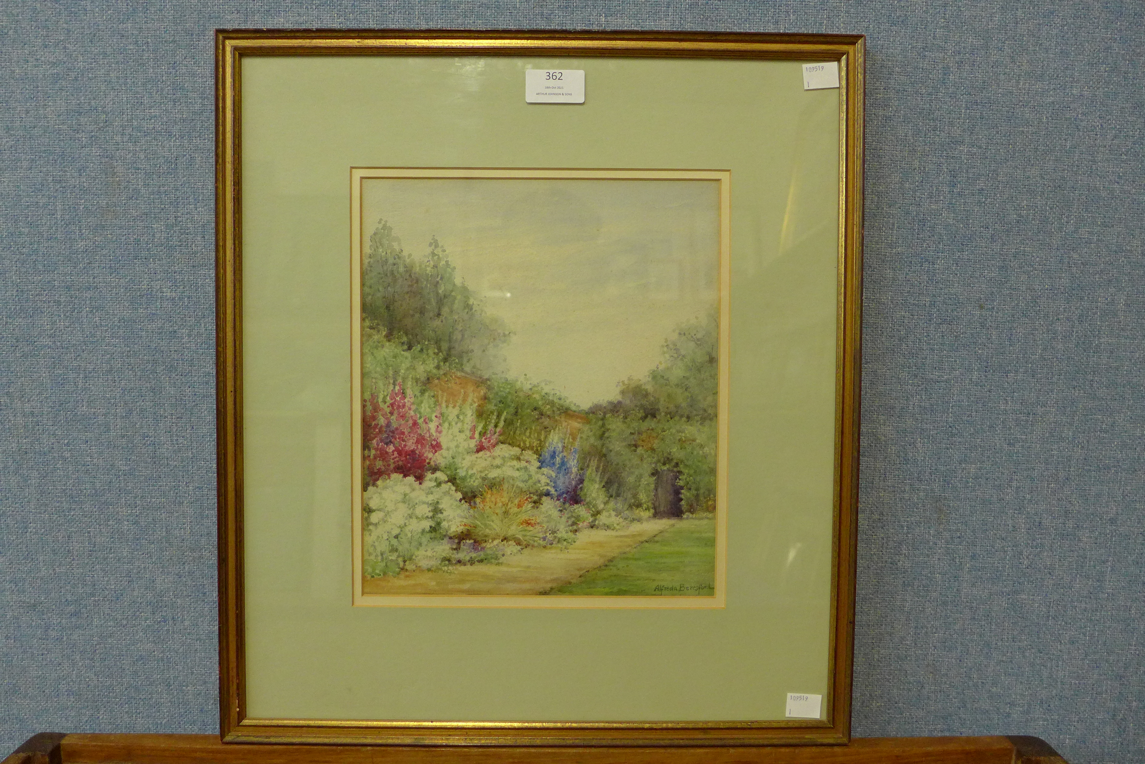 Alfreda Beresford, garden landscape, watercolour, framed