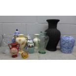 A collection of vases including a Charles and Diana Staffordshire commemorative vase, a blue and