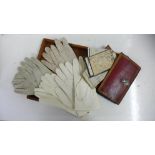 Four pairs of kid gloves, a leather purse and 19th Century ephemera