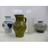 Two West German Pottery jugs, a West German Pottery vase and a Czech Sklo glass vase