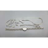 A silver quartz wristwatch, scrap silver jewellery, 8.2g and two scrap part 9ct gold earrings, 0.3g