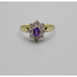A 9ct gold, amethyst and diamond ring, 1.5g, M