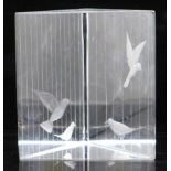 A Vicke Lindstrand Kosta, art glass prism with caged birds, signed, 10cm
